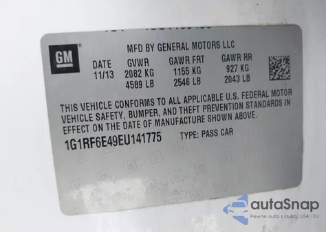 2014 Chevrolet Volt z USA, uszkodzony, nr VIN 1G1RF6E49EU141775